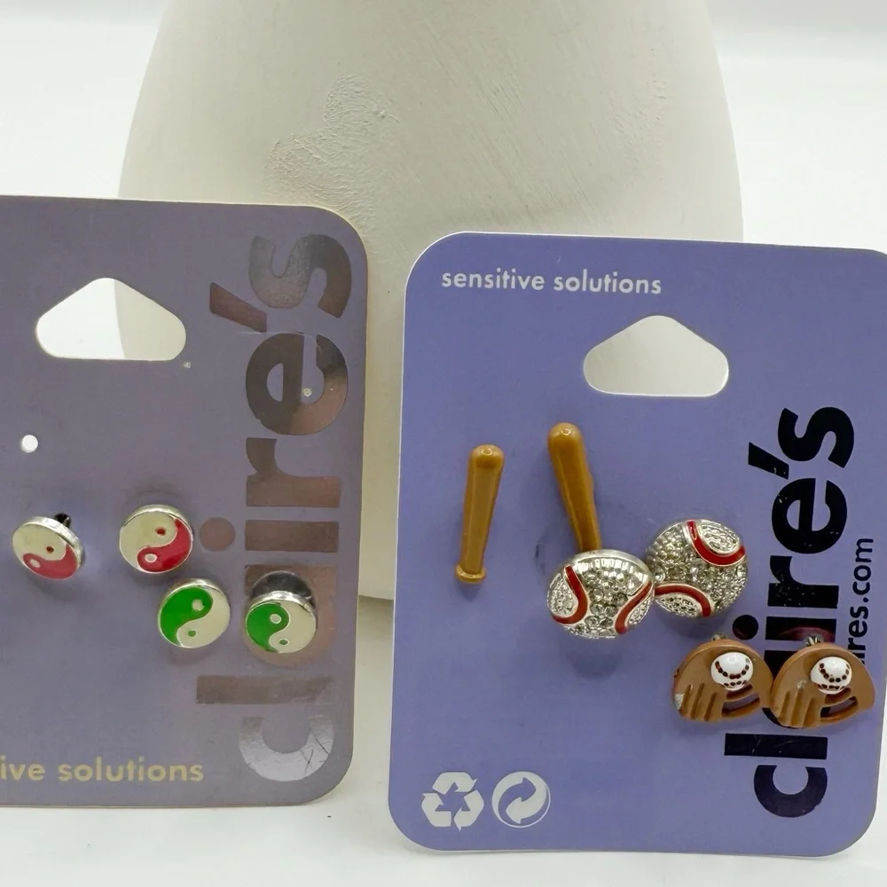 Claire's Kids Yin Yang and Baseball Stud Earrings Set - Pink, Green, Brown